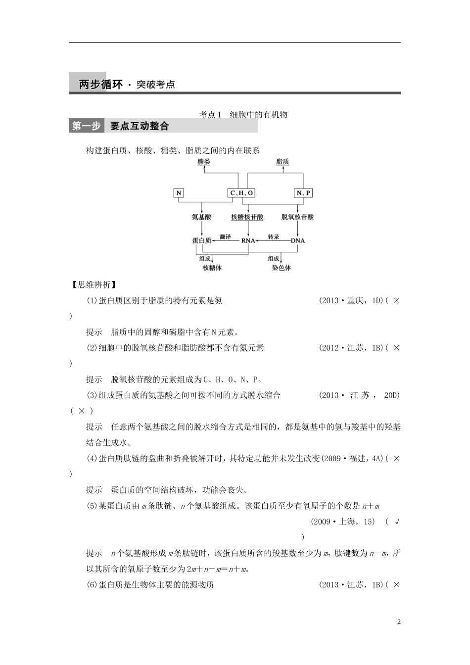 【步步高】（福建专用）2014高考生物二轮复习 专题突破一 第1讲 细胞的分子组成教学案_第2页