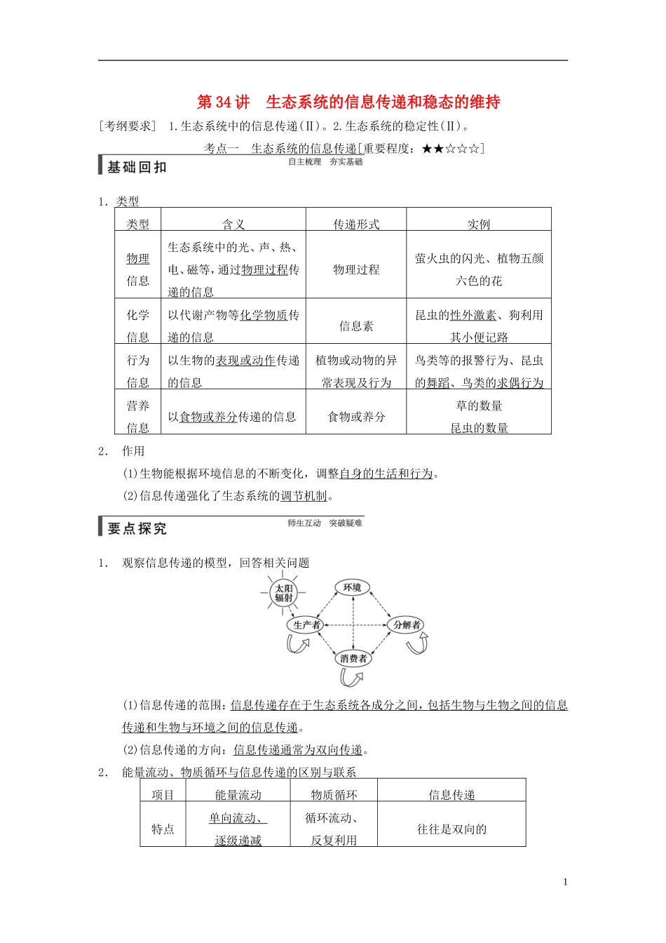 【步步高】2015届高考生物一轮复习 第九单元 第34讲 生态系统的信息传递和稳态的维持教学案 苏教版 _第1页
