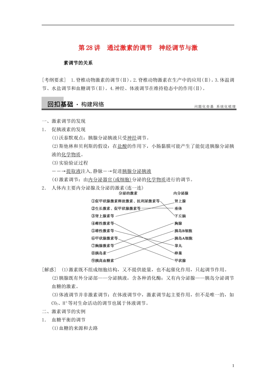 【步步高】（广东专用）2014高考生物一轮复习 第八单元 第28讲通过激素的调节神经调节与激素调节的关系学案 新人教版_第1页