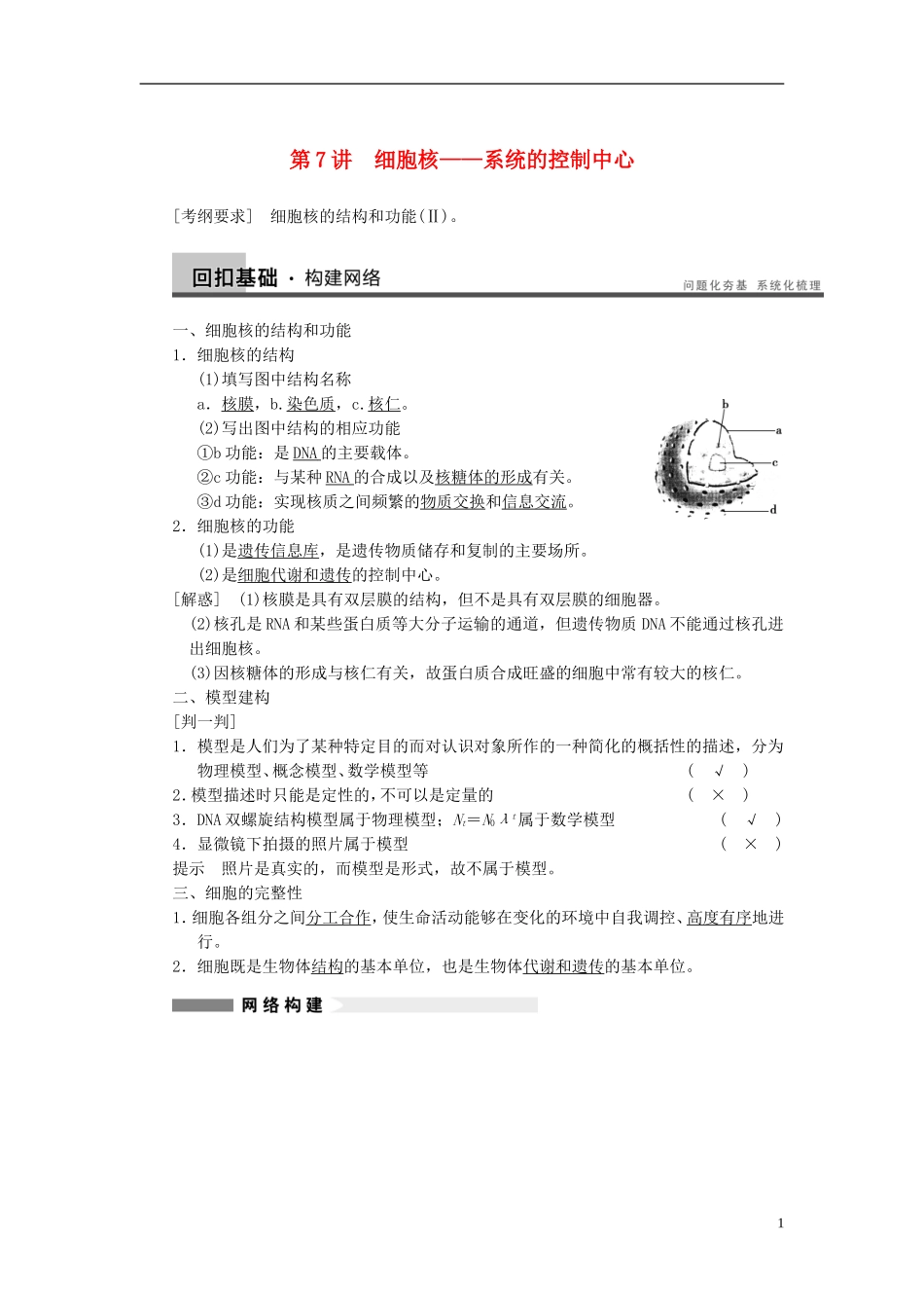 【步步高】（广东专用）2014高考生物一轮复习 第二单元 第7讲细胞核系统的控制中心学案 新人教版_第1页