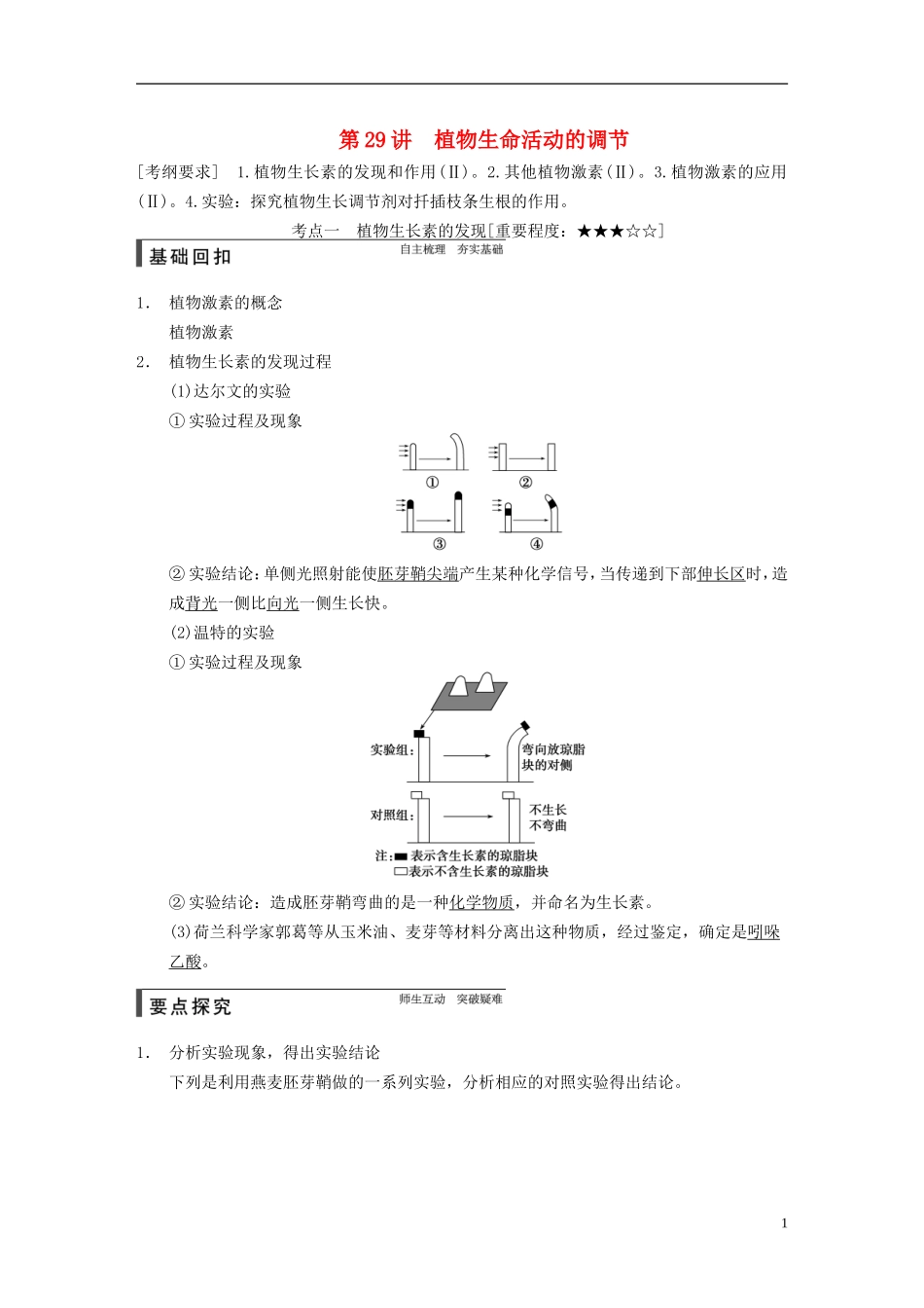【步步高】2015届高考生物一轮复习 第八单元 第29讲 植物生命活动的调节教学案 苏教版 _第1页
