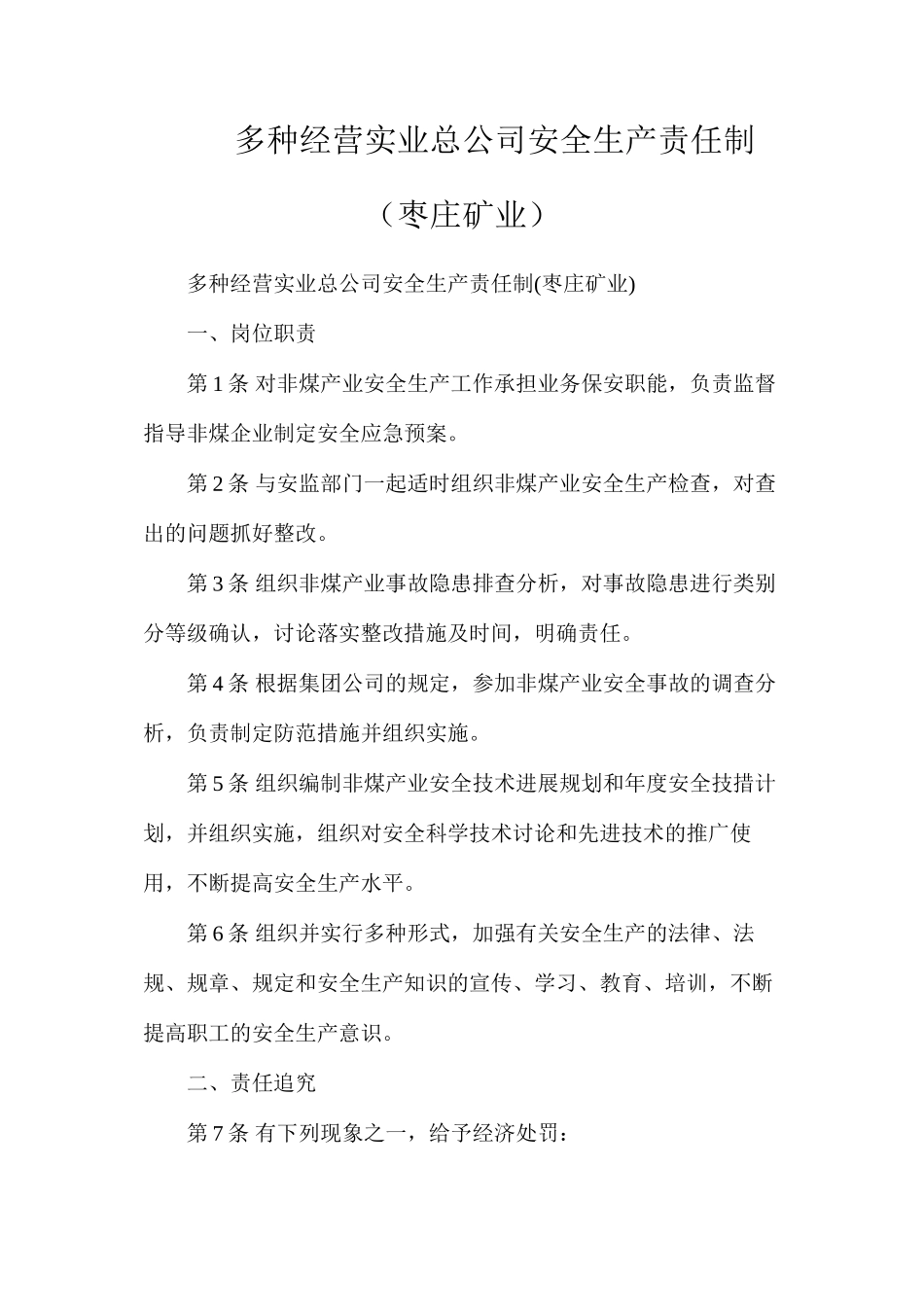 多种经营实业总公司安全生产责任制（枣庄矿业）_第1页