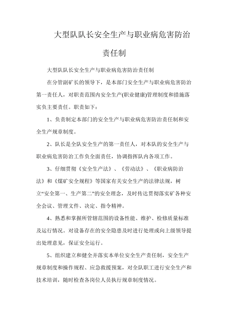 大型队队长安全生产与职业病危害防治责任制_第1页