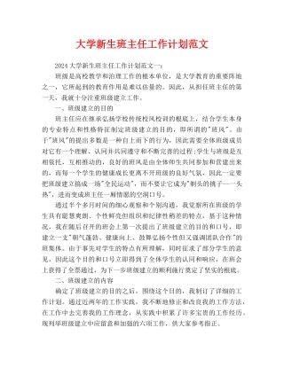 大学新生班主任工作计划范文
