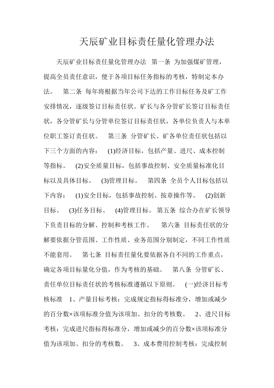 天辰矿业目标责任量化管理办法_第1页