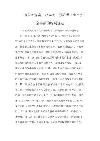 山东省煤炭工业局关于预防煤矿生产安全事故的特别规定