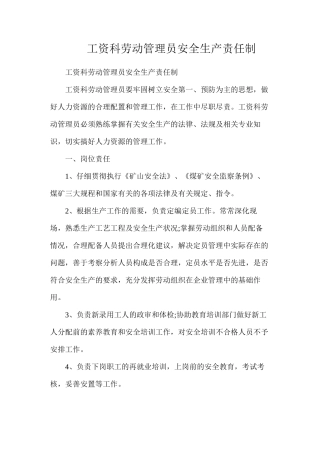 工资科劳动管理员安全生产责任制