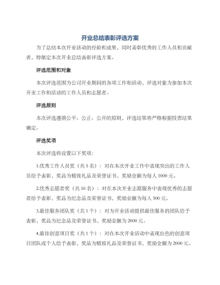 开业总结表彰评选方案