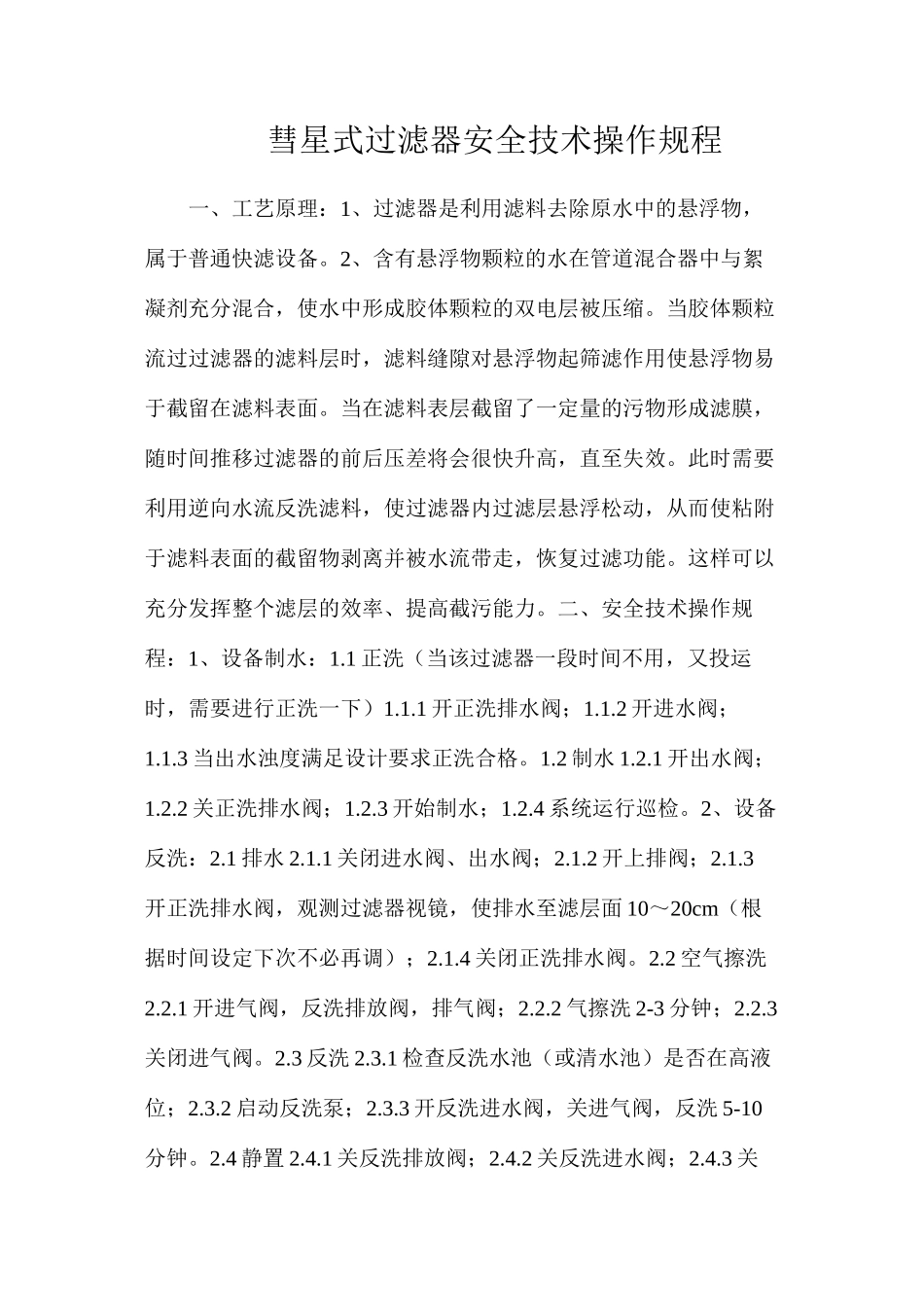 彗星式过滤器安全技术操作规程_第1页
