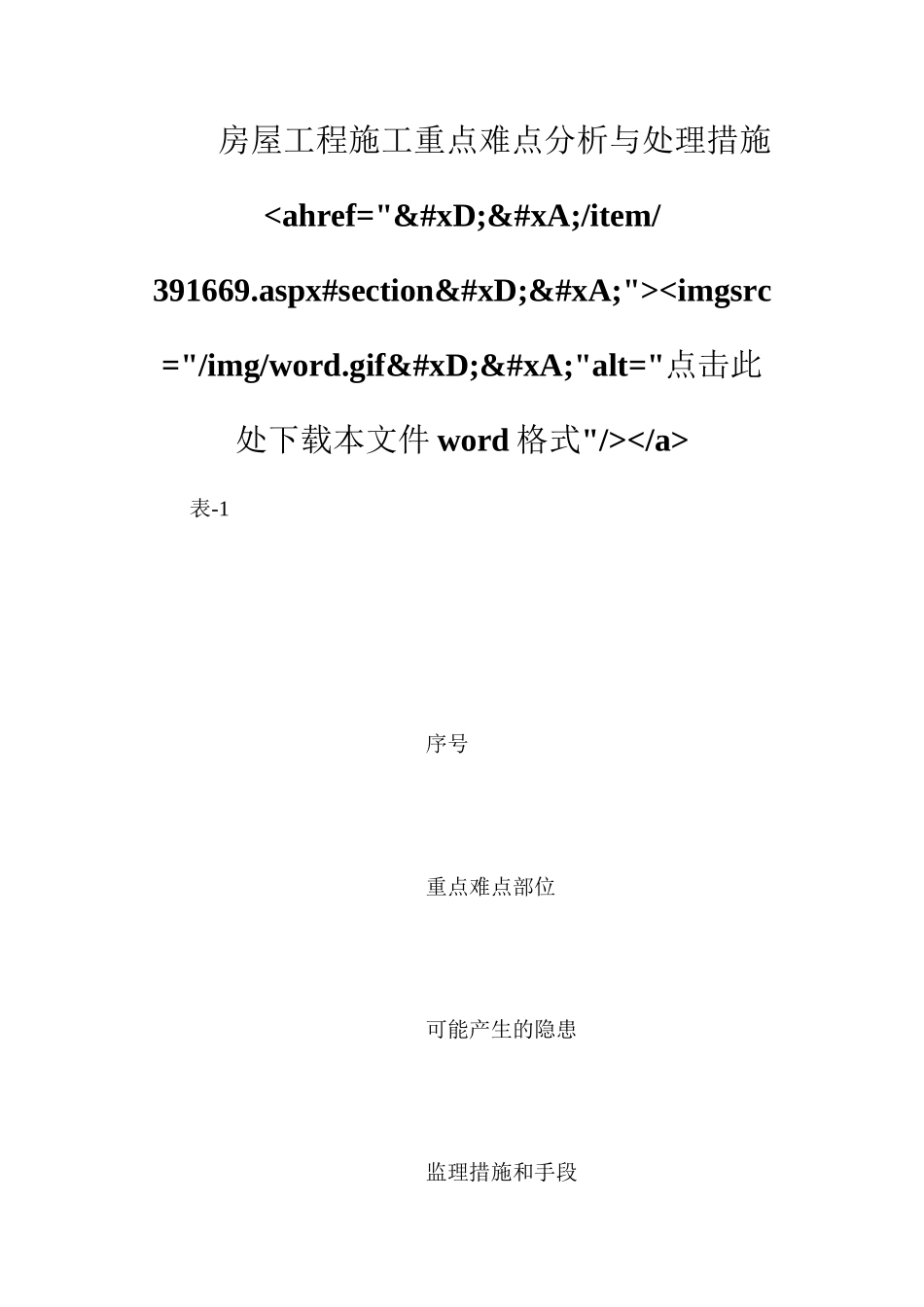 房屋工程施工重点难点分析与处理措施ahref=&#xD;&#xA;item391669.aspx#section&#xD;&#xA;imgsrc=imgword.gif&#xD;&#xA;alt=点击此处下载本文件word格式a_第1页