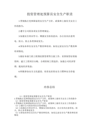 投资管理处预算员安全生产职责