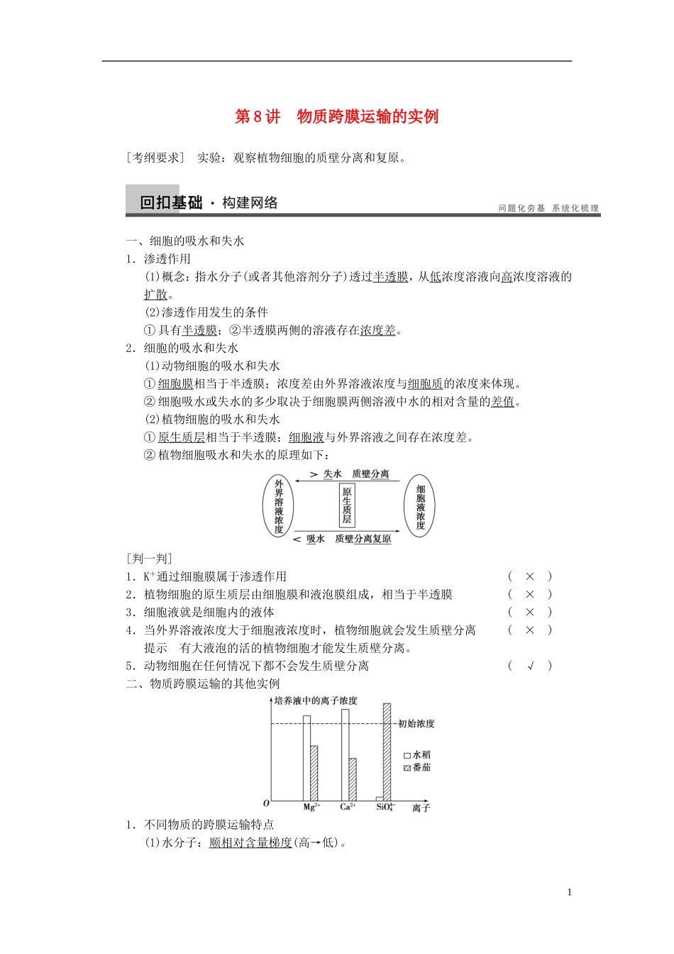 【步步高】（广东专用）2014高考生物一轮复习 第二单元 第8讲物质跨膜运输的实例学案 新人教版_第1页