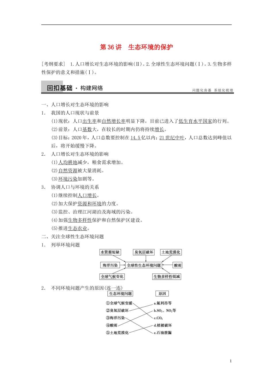 【步步高】（广东专用）2014高考生物一轮复习 第九单元 第36讲生态环境的保护学案 新人教版_第1页