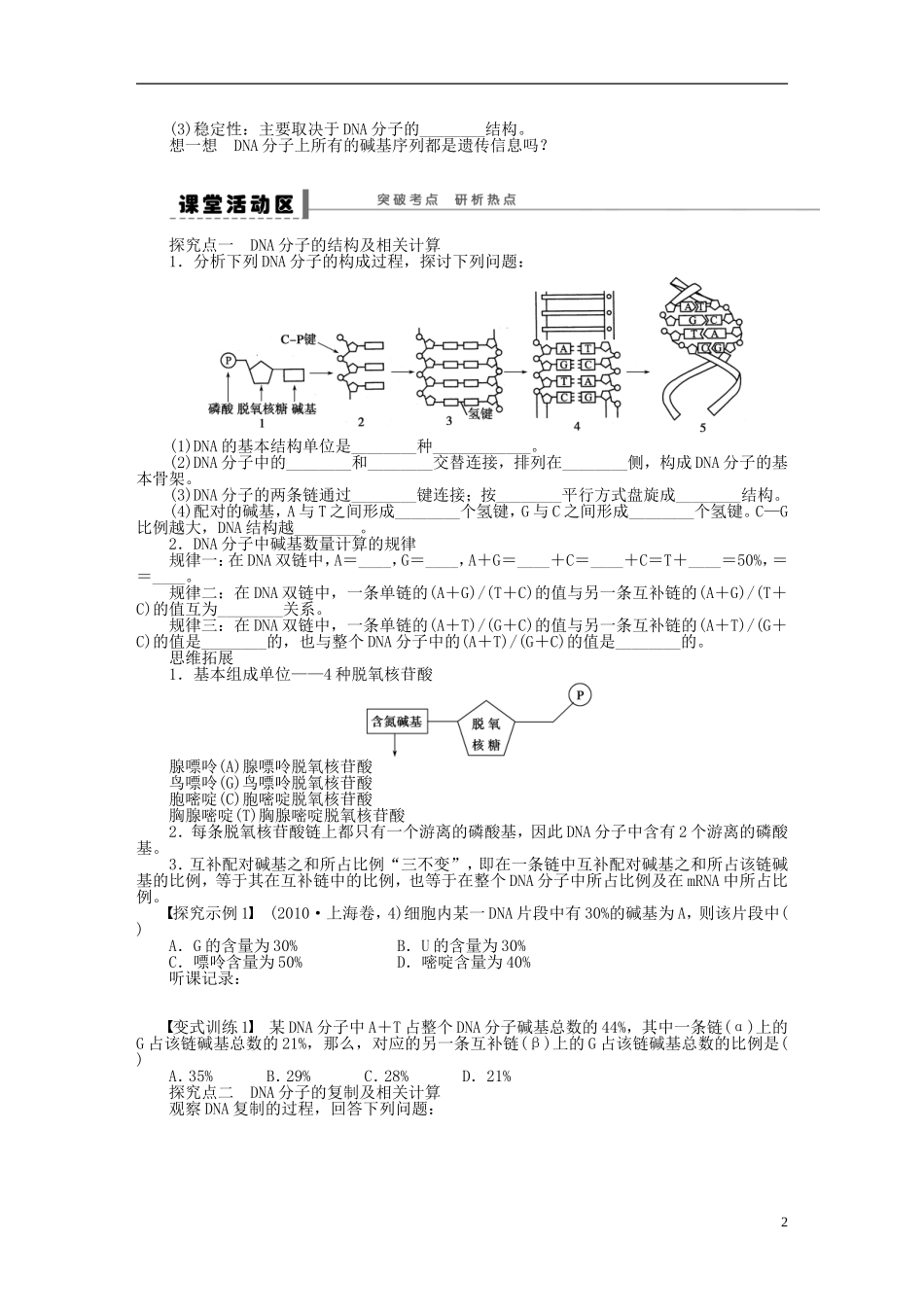 【步步高】2015届高考生物一轮复习 第六单元 第24讲 DNA分子的结构学案 苏教版_第2页