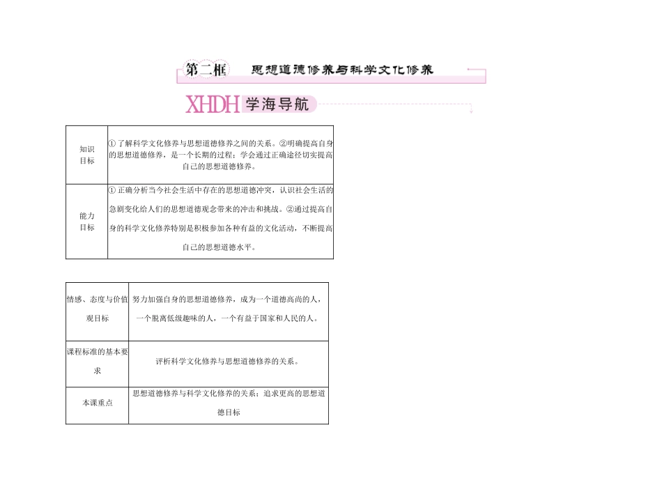 【精品】《成才之路》高中政治 4-10-2思想道德修养与科学文化修养学案 新人教版必修3_第1页