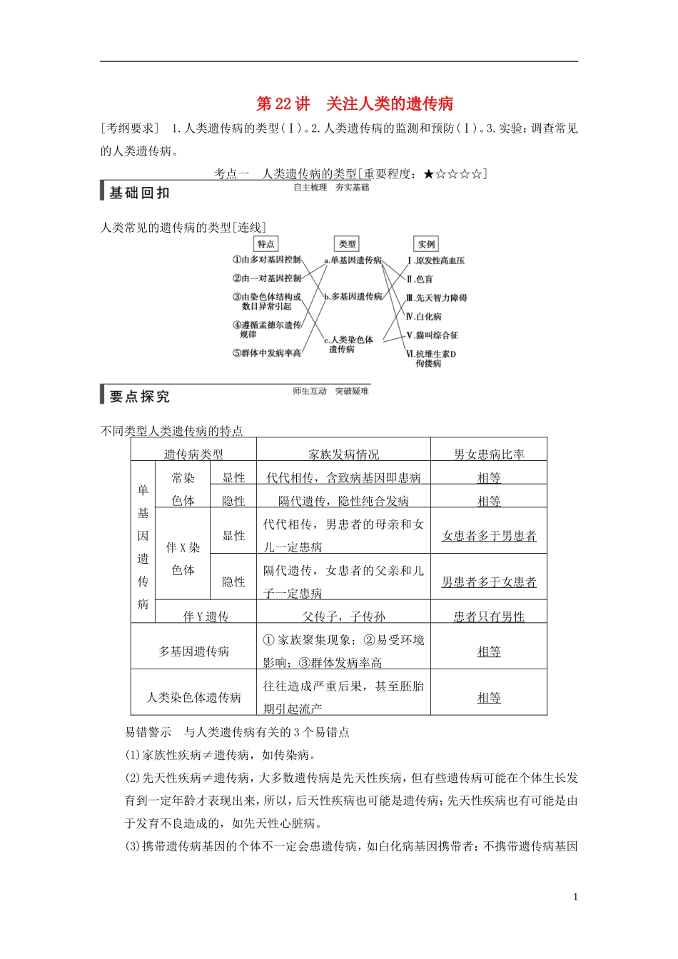 【步步高】2015届高考生物一轮复习 第七单元 第22讲 关注人类的遗传病教学案 苏教版 _第1页