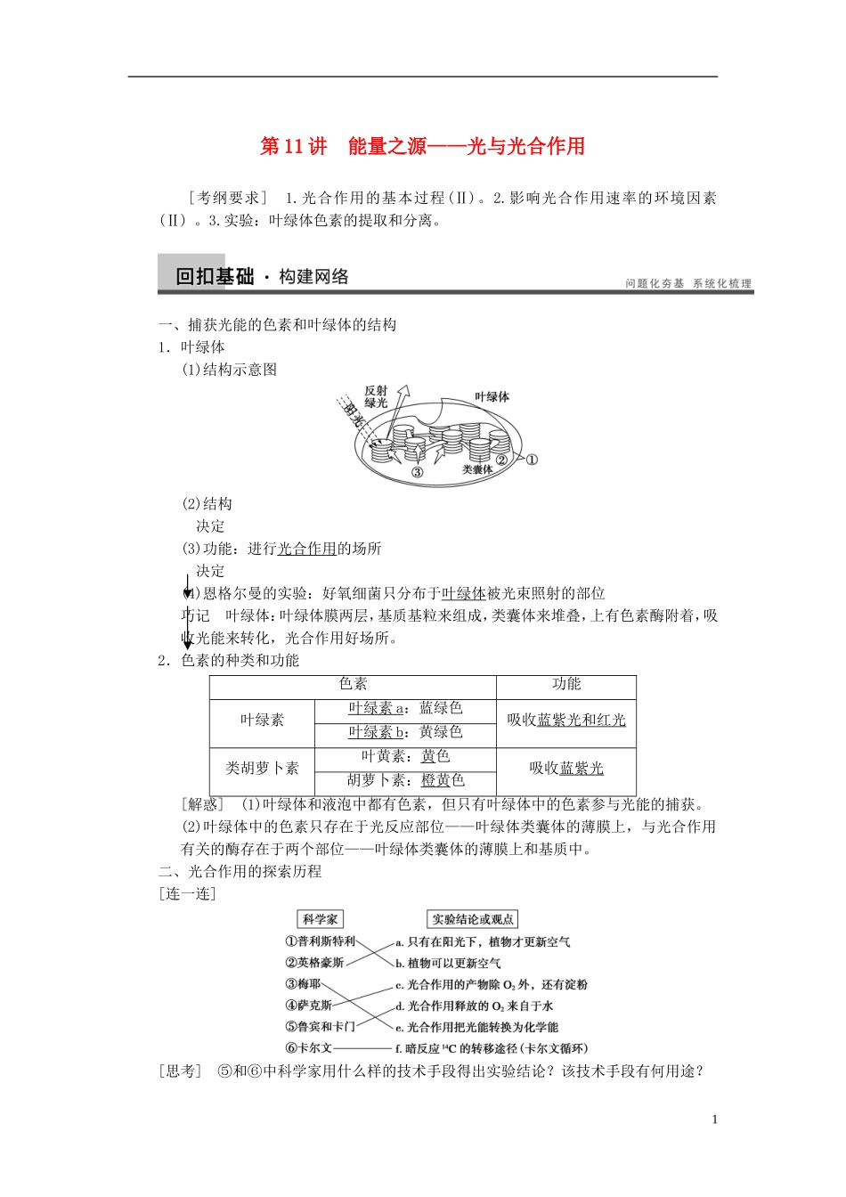 【步步高】（广东专用）2014高考生物一轮复习 第三单元 第11讲能量之源光与光合作用学案 新人教版_第1页