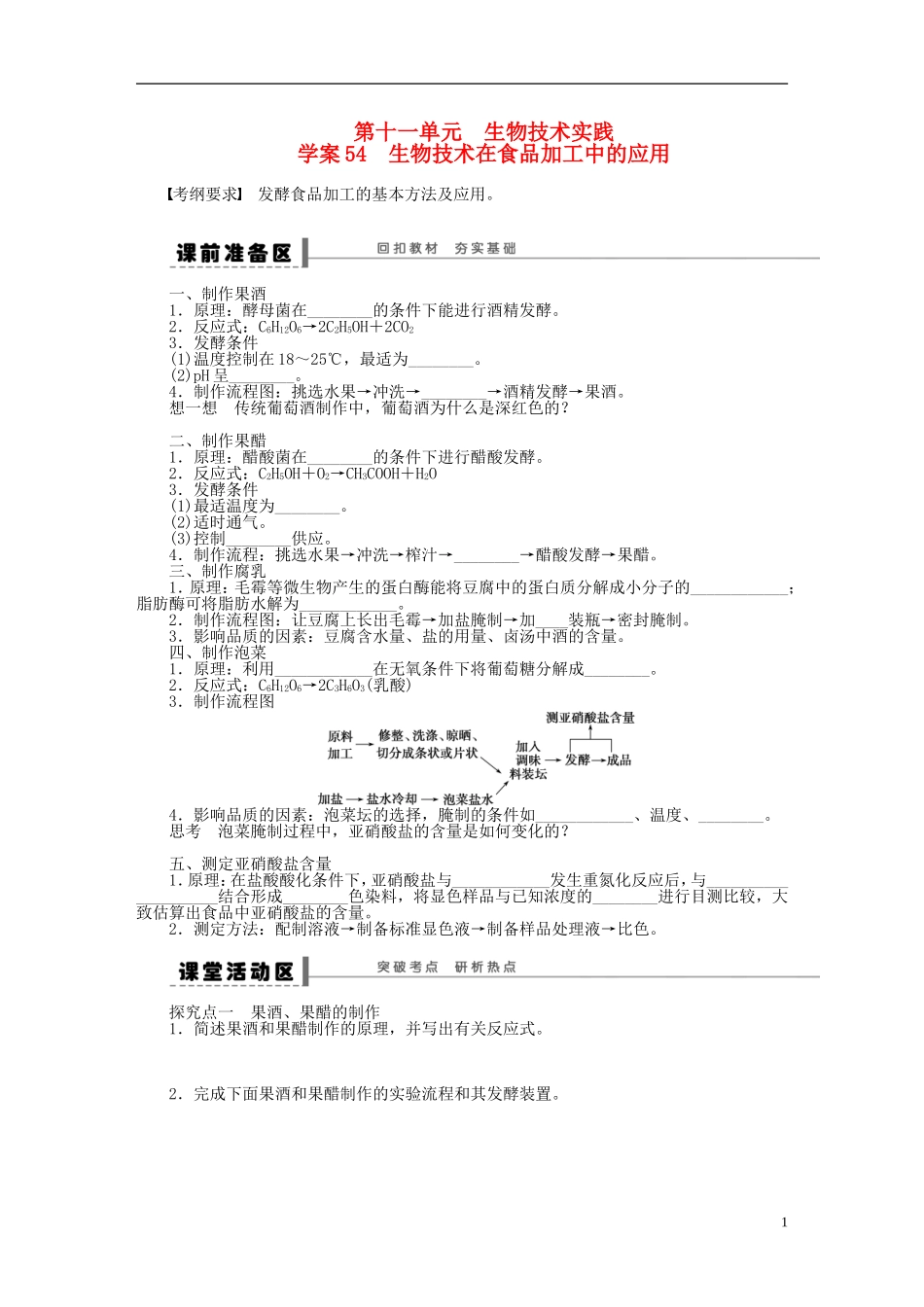 【步步高】2015届高考生物一轮复习 第十一单元 第54讲 生物技术在食品加工中的应用学案 苏教版_第1页