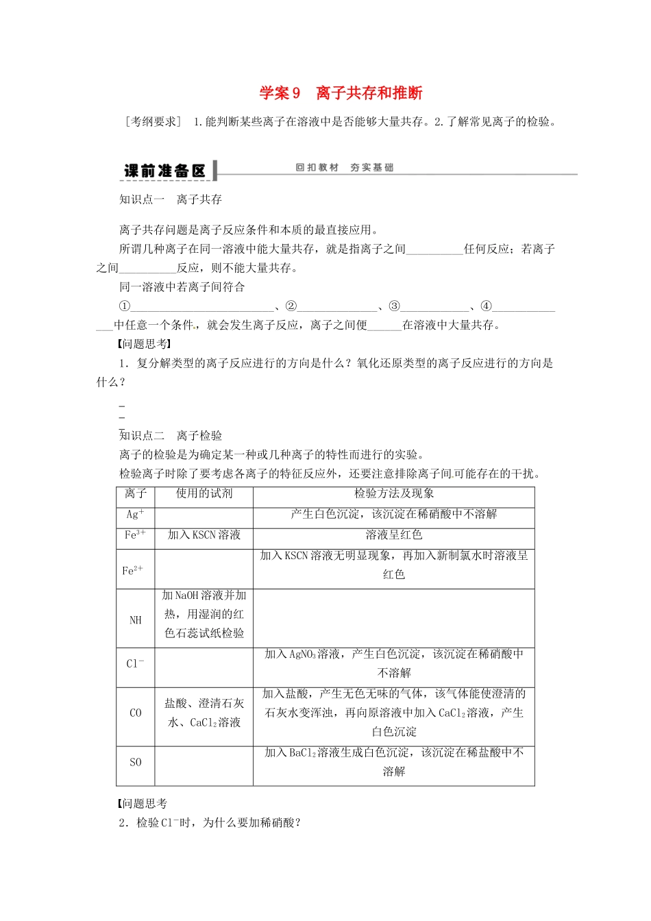 【步步高】（广西专用）2014届高考化学一轮复习 第二章 离子共存和推断学案_第1页