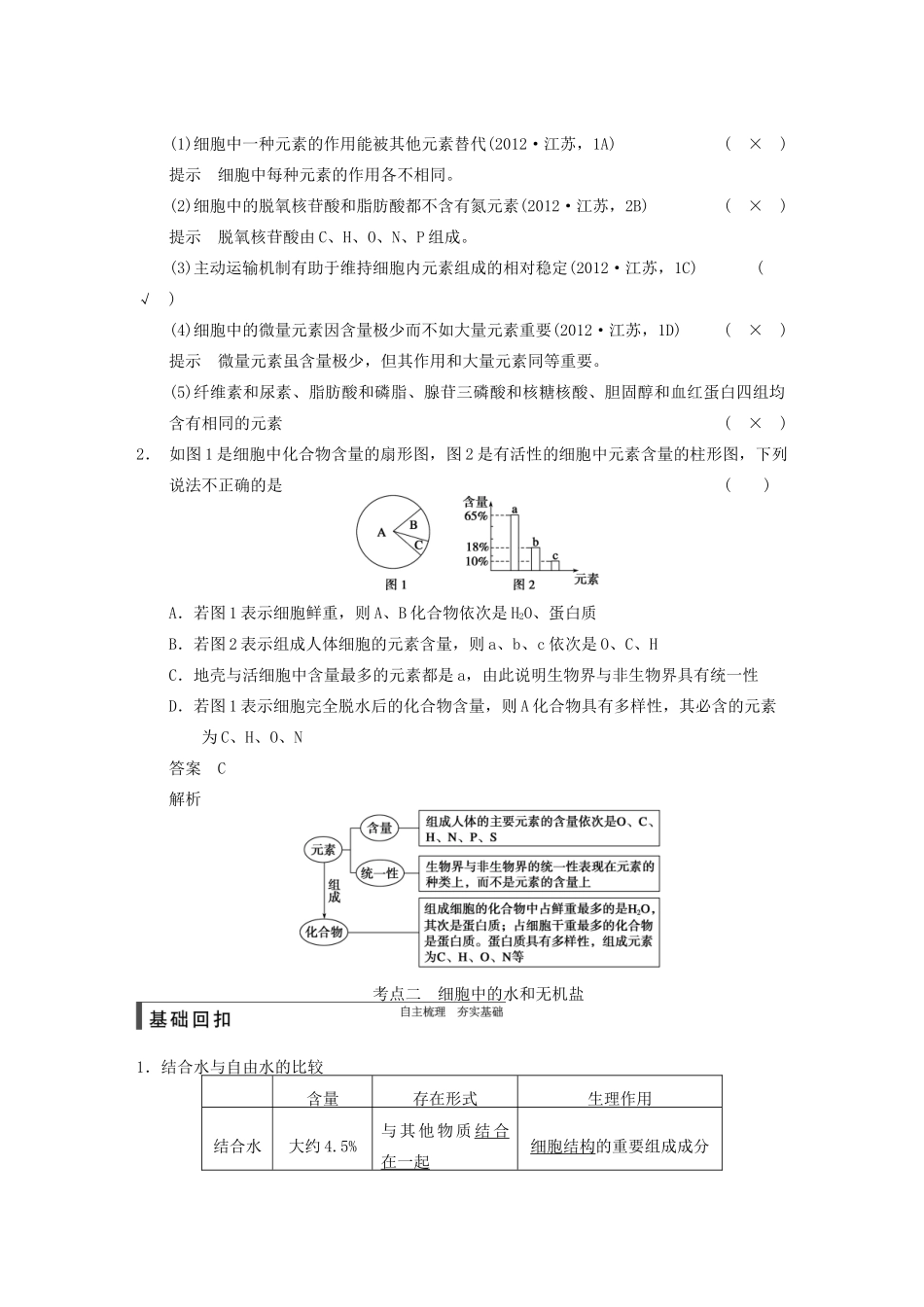 【步步高】2015届高考生物一轮总复习精品讲义 第2讲 细胞中的元素和化合物 细胞中的无机物 新人教版_第2页