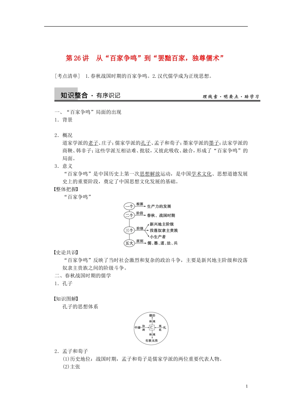 【步步高】2014届高考历史一轮复习讲义 （知识整合+重点深化+探究命题+课时训练）第十二单元 第26讲 从“百家争鸣”到“罢黜百家，独尊儒术”（含解析） 新人教版必修3_第1页