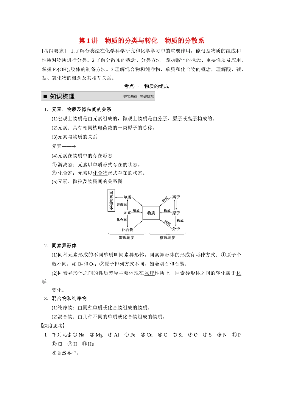 【步步高】2015届高考化学一轮复习 专题一 第1讲 物质的分类与转化 物质的分散系学案（含解析）苏教版_第1页
