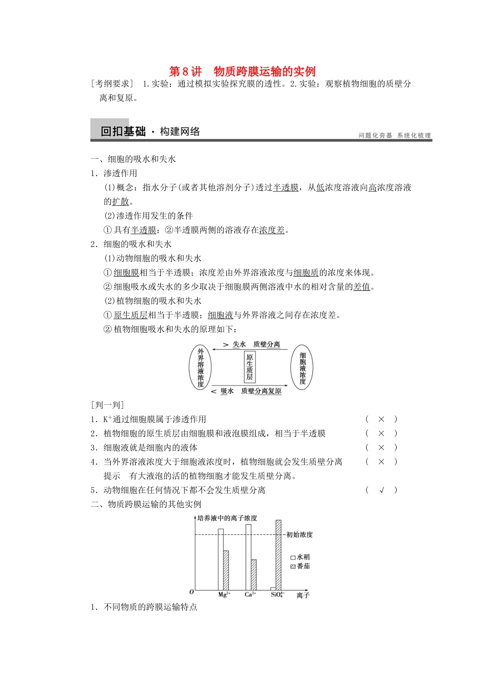 【步步高】2014届高考生物一轮（回扣基础+核心突破+命题探究）2.8物质跨膜运输的实例教学案 新人教版_第1页