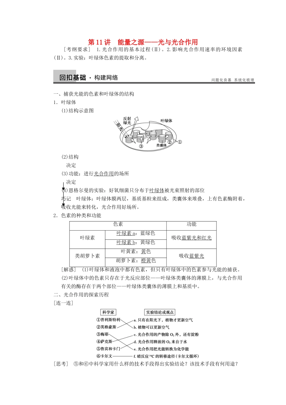 【步步高】2014届高考生物一轮（回扣基础+核心突破+命题探究）3.11光与光合作用教学案 新人教版_第1页