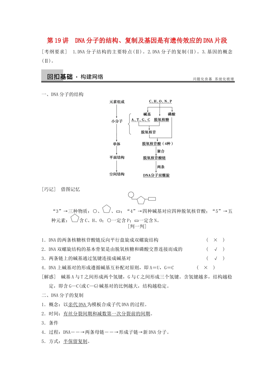 【步步高】2014届高考生物一轮（回扣基础+核心突破+命题探究）6.19DNA分子的结构、复制及基因教学案 新人教版_第1页