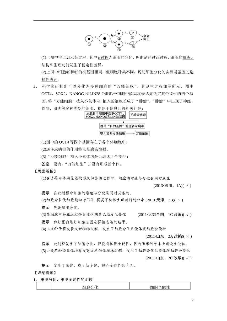 【步步高】（四川专用）2014高考生物二轮专题突破 专题三 第2讲 细胞的分化、衰老、凋亡和癌变教学案_第2页
