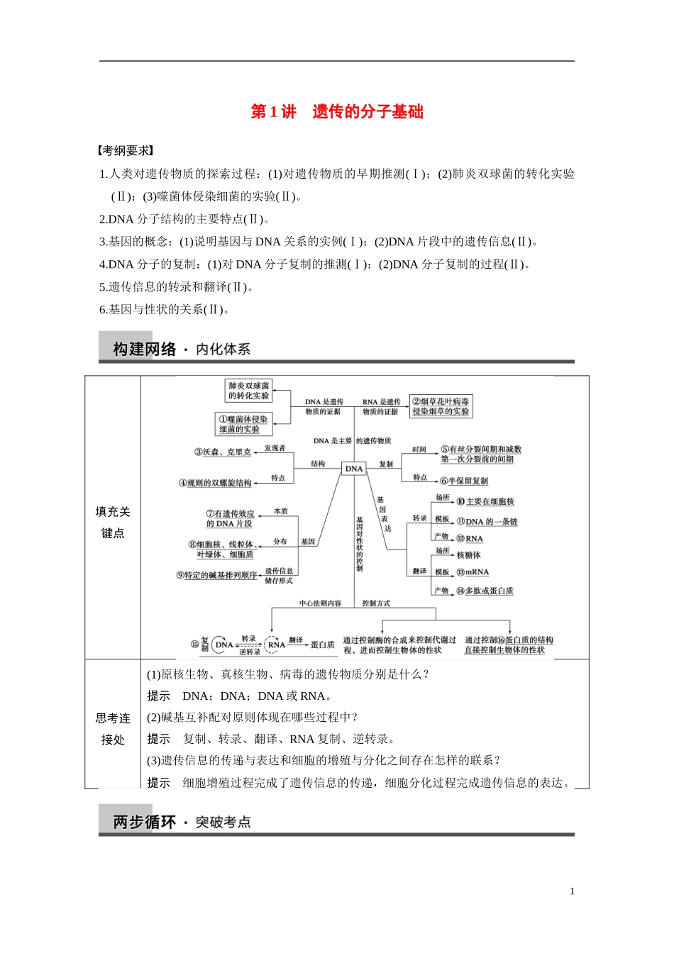 【步步高】（四川专用）2014高考生物二轮专题突破 专题四 第1讲 遗传的分子基础教学案_第1页