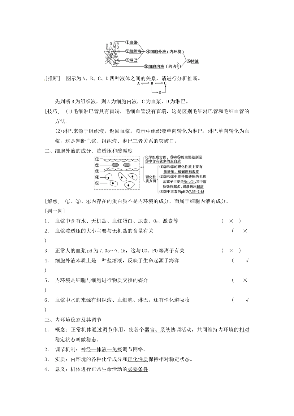 【步步高】2014届高考生物一轮（回扣基础+核心突破+命题探究）8.26人体的内环境与稳态教学案 新人教版_第2页