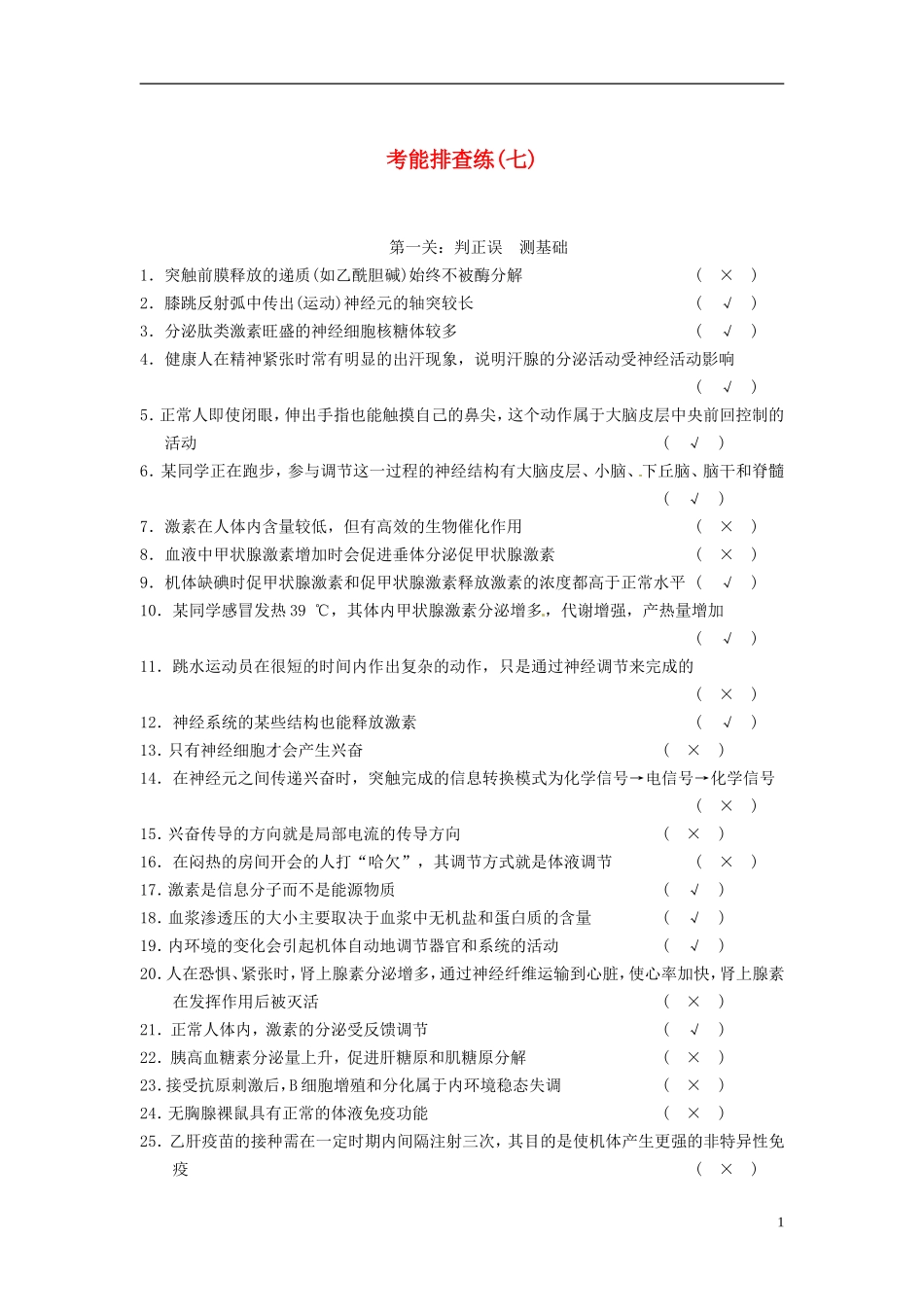 【步步高】（四川专用）2014高考生物一轮复习 第八单元 生命活动的调节与免疫 考能排查练七_第1页