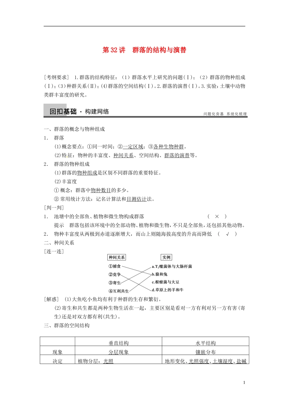 【步步高】（四川专用）2014高考生物一轮复习 第九单元 生物与环境 第32讲群落的结构与演替学案_第1页