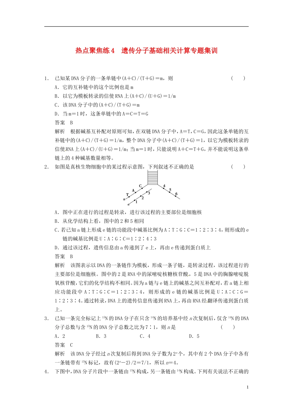 【步步高】（四川专用）2014高考生物一轮复习 第六单元 遗传的物质基础 热点聚焦练4遗传分子基础相关计算专题集训学案_第1页