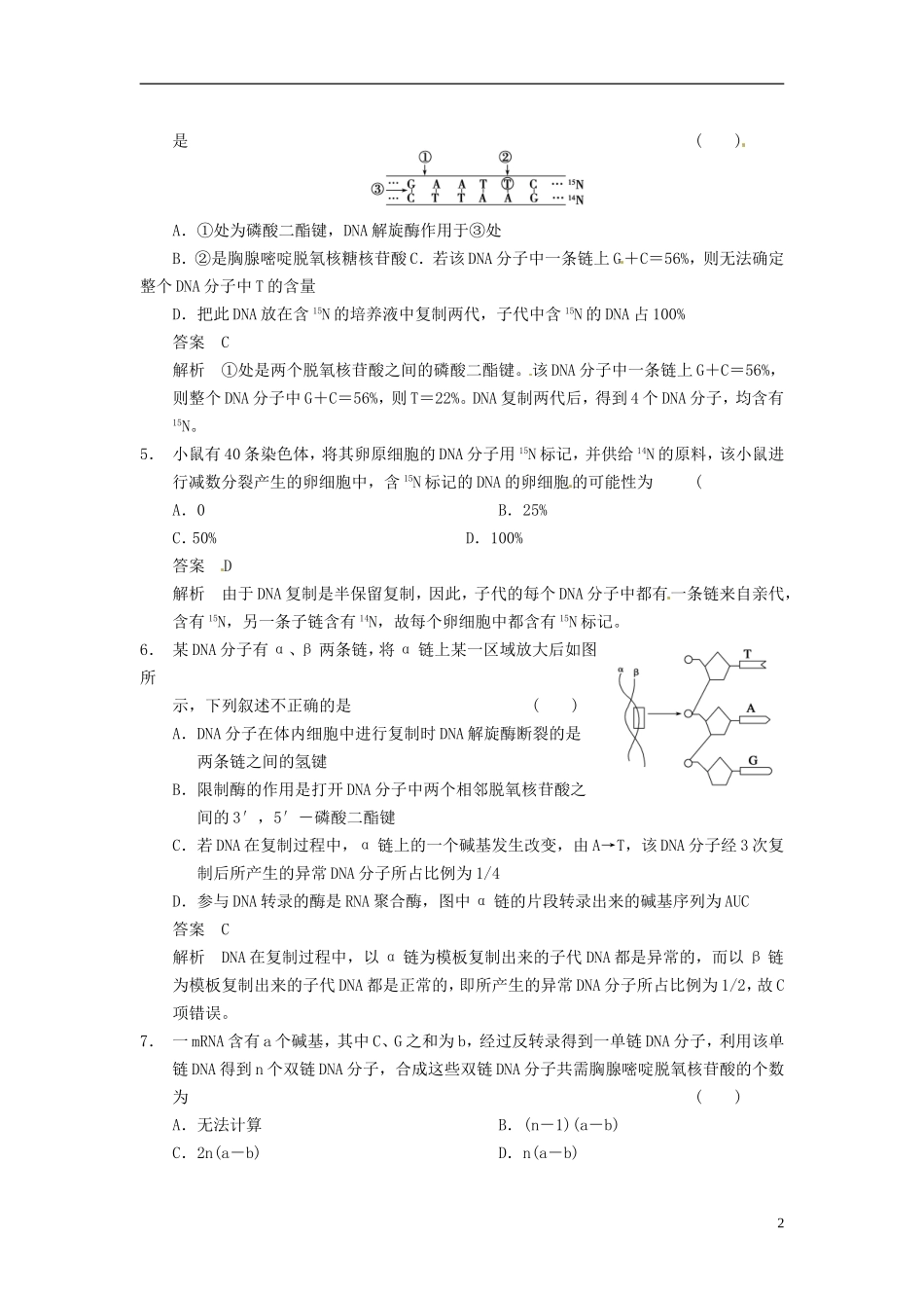 【步步高】（四川专用）2014高考生物一轮复习 第六单元 遗传的物质基础 热点聚焦练4遗传分子基础相关计算专题集训学案_第2页
