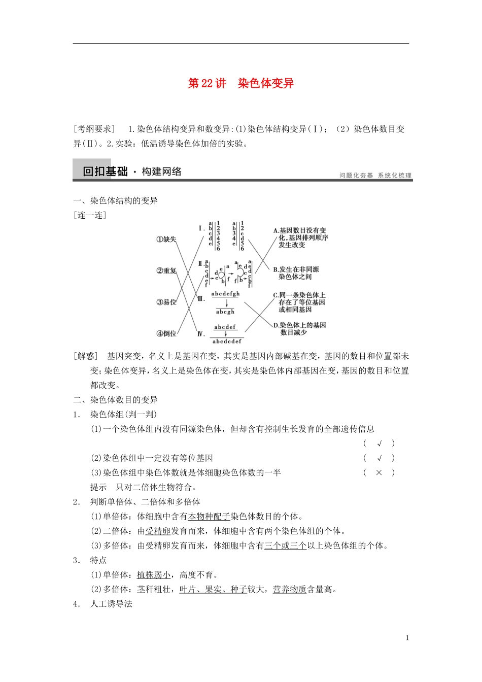 【步步高】（四川专用）2014高考生物一轮复习 第七单元 生物的进化 育种和进化 第22讲染色体变异学案_第1页