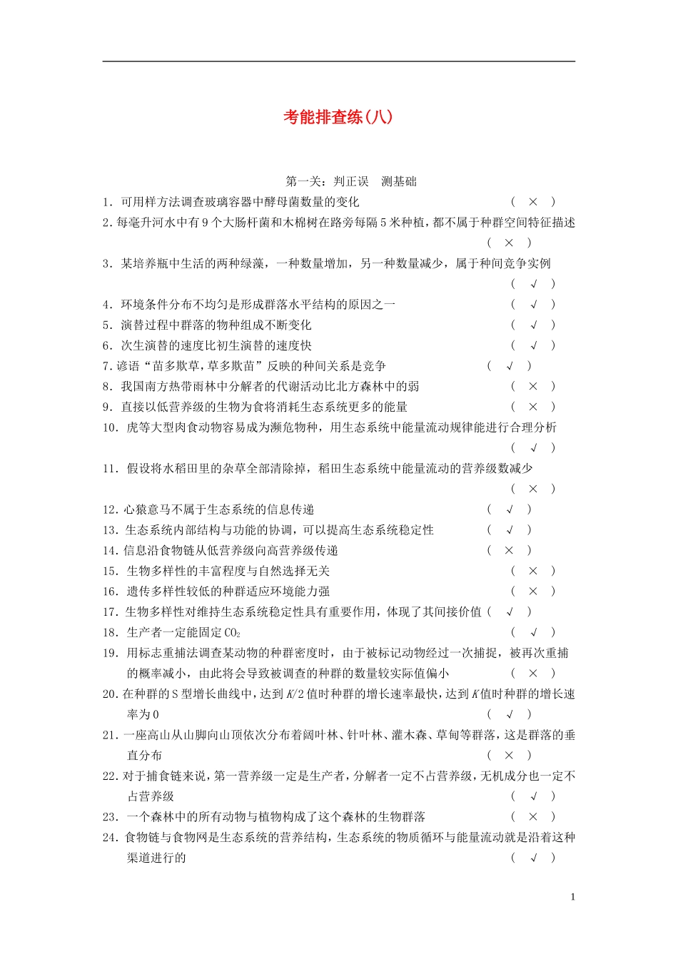 【步步高】（四川专用）2014高考生物一轮复习 第十单元 微生物的利用 考能排查练八_第1页