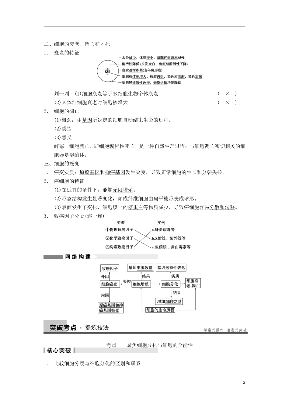 【步步高】（四川专用）2014高考生物一轮复习 第四单元 细胞的生命历程 第13讲细胞的分化、衰老、凋亡及癌变学案_第2页
