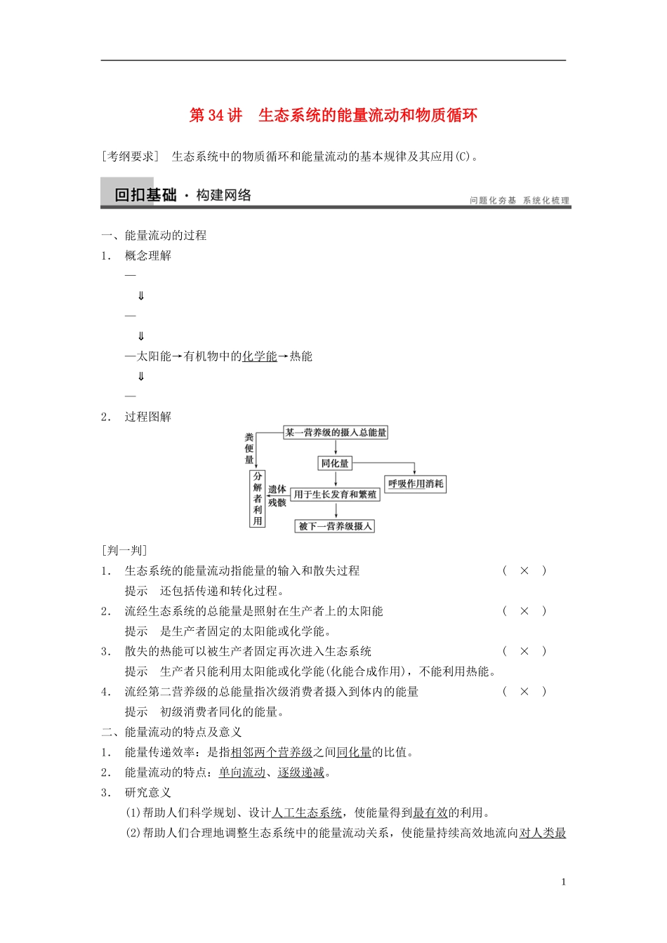 【步步高】（江苏专用）2014高考生物一轮复习（考点复习精练+热点聚焦+考能专项突破）第九单元 第34讲生态系统的能量流动和物质循环学案_第1页