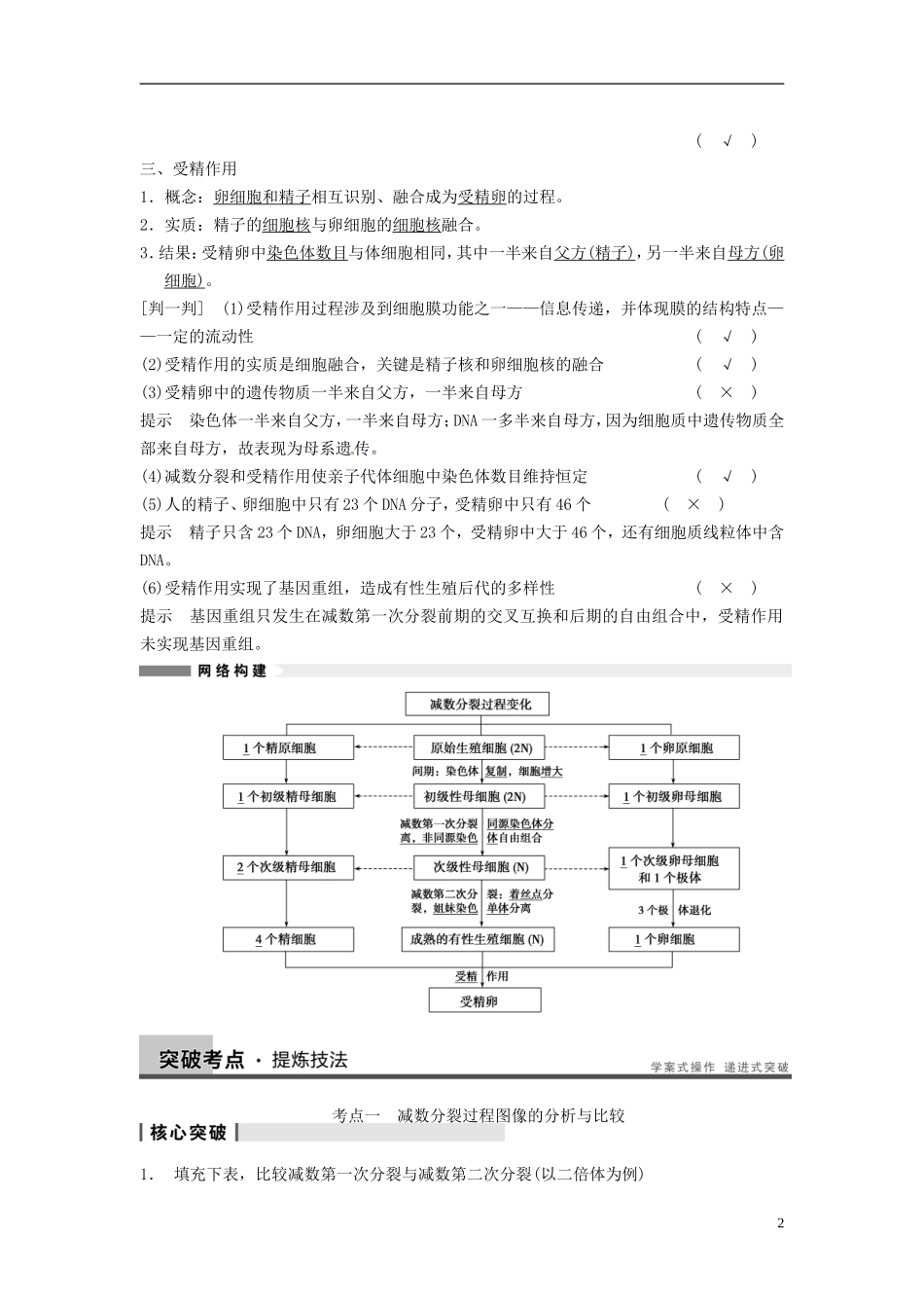 【步步高】（四川专用）2014高考生物一轮复习 第四单元 细胞的生命历程 第14讲减数分裂和受精作用学案_第2页
