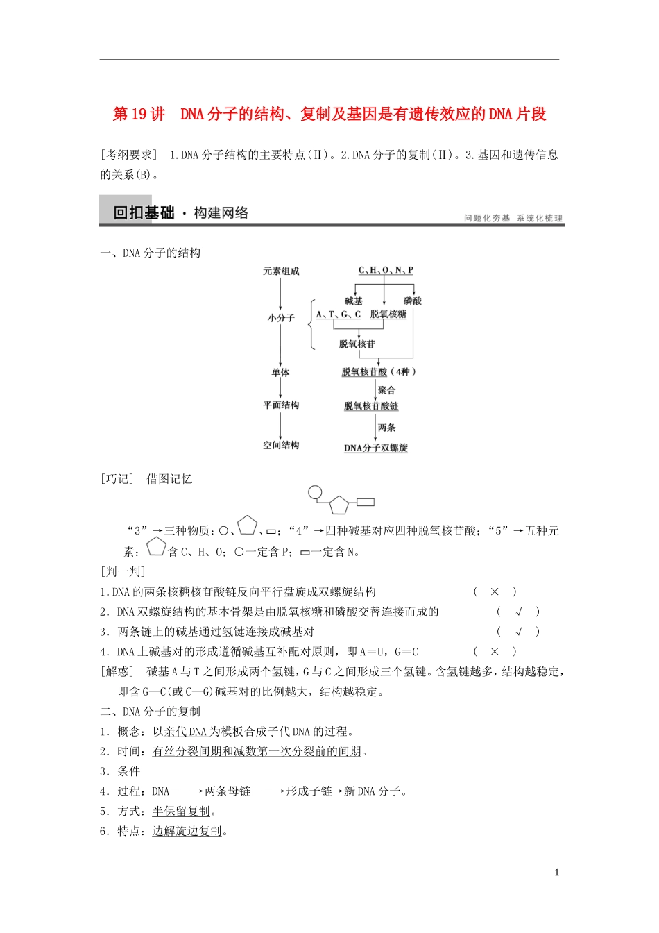 【步步高】（江苏专用）2014高考生物一轮复习（考点复习精练+热点聚焦+考能专项突破）第六单元 第19讲DNA分子的结构、复制及基因是有遗传效应的DNA片段有遗传效应的DNA片段学案_第1页