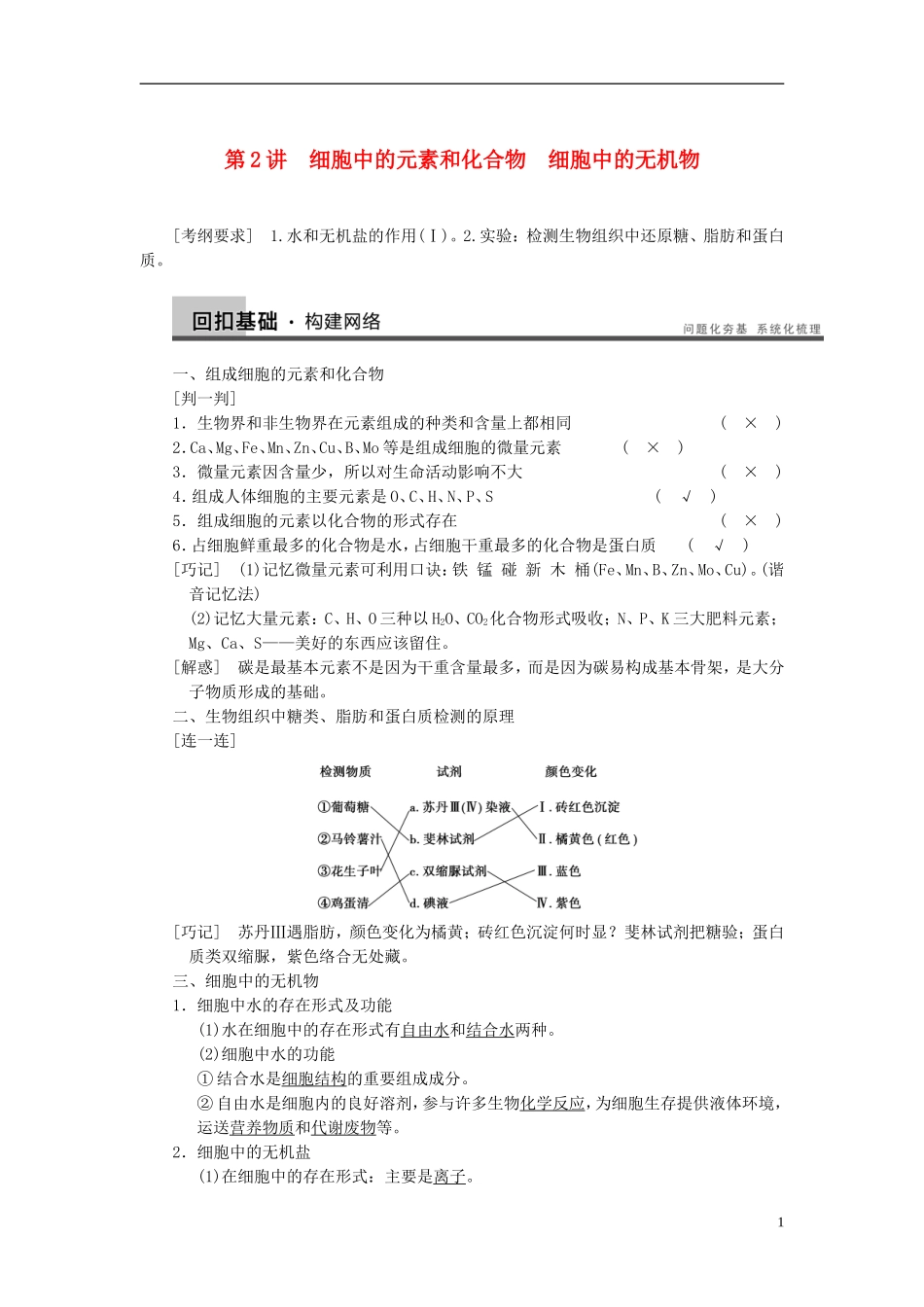 【步步高】（四川专用）2014高考生物一轮复习 第一单元 第2讲细胞中的元素和化合物 细胞中的无机物学案_第1页