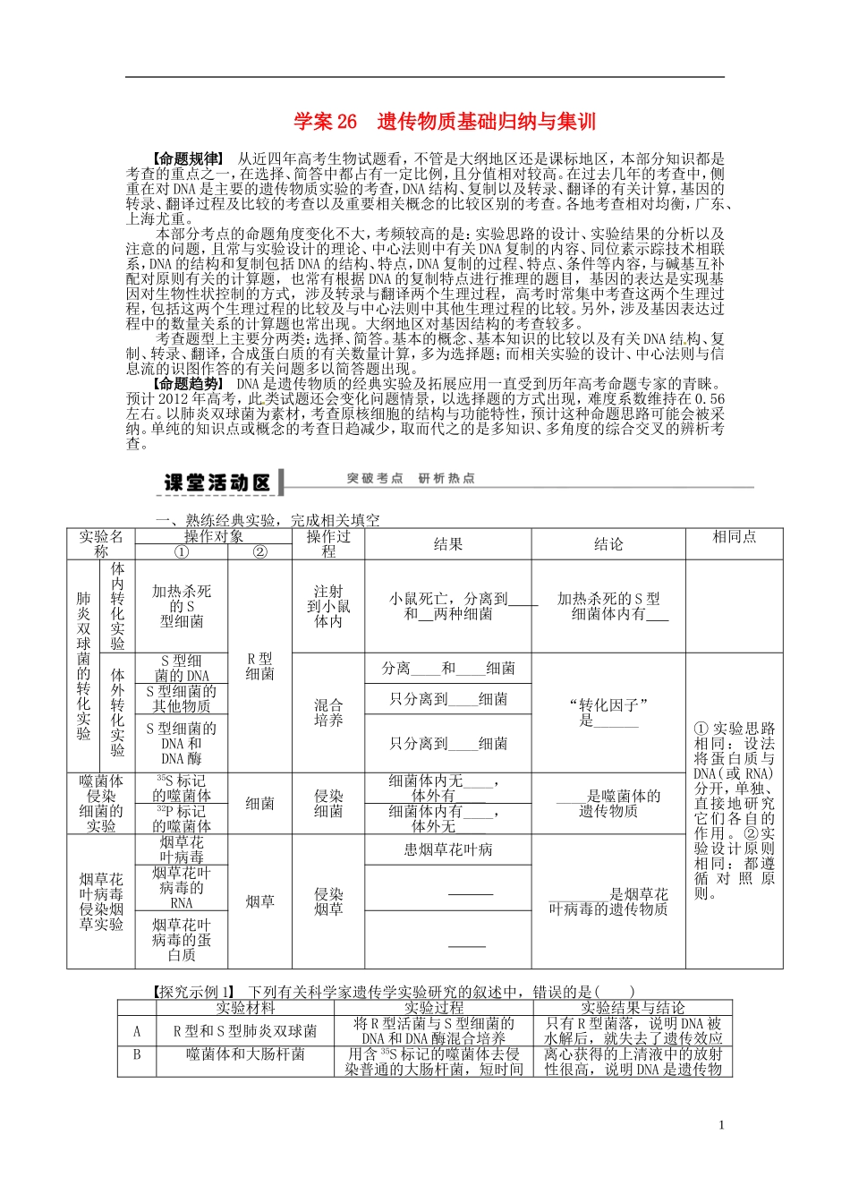【步步高】2014届高考生物一轮复习(课前准备+课堂巩固+课后练习)第六单元 遗传物质基础归纳与集训学案 鲁科版_第1页