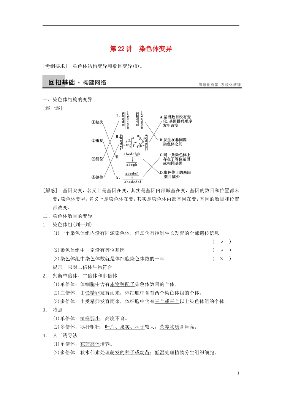 【步步高】（江苏专用）2014高考生物一轮复习（考点复习精练+热点聚焦+考能专项突破）第七单元 第22讲染色体变异学案_第1页