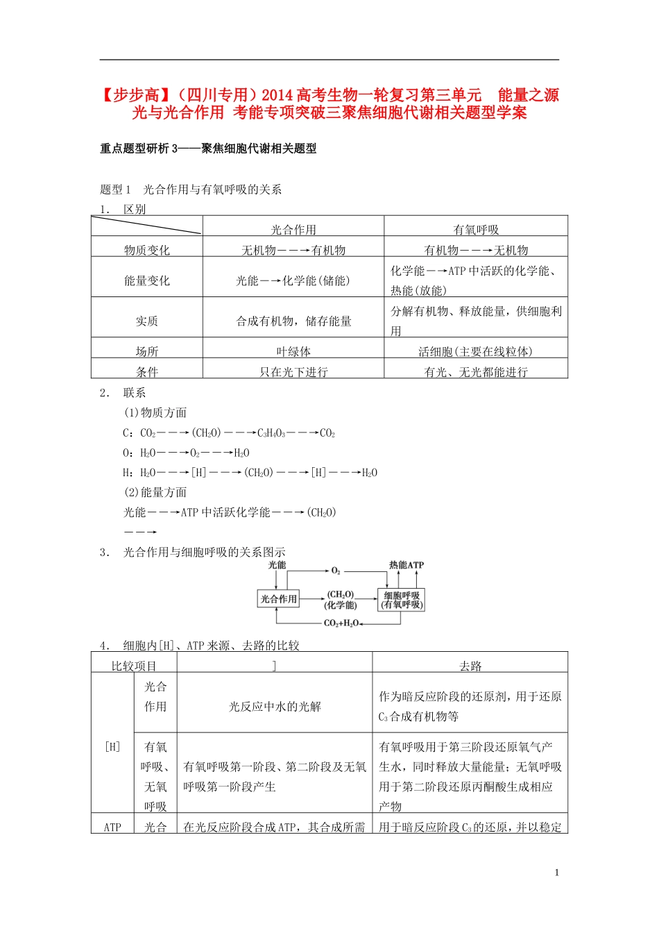 【步步高】（四川专用）2014高考生物一轮复习第三单元 能量之源 光与光合作用 考能专项突破三聚焦细胞代谢相关题型学案_第1页