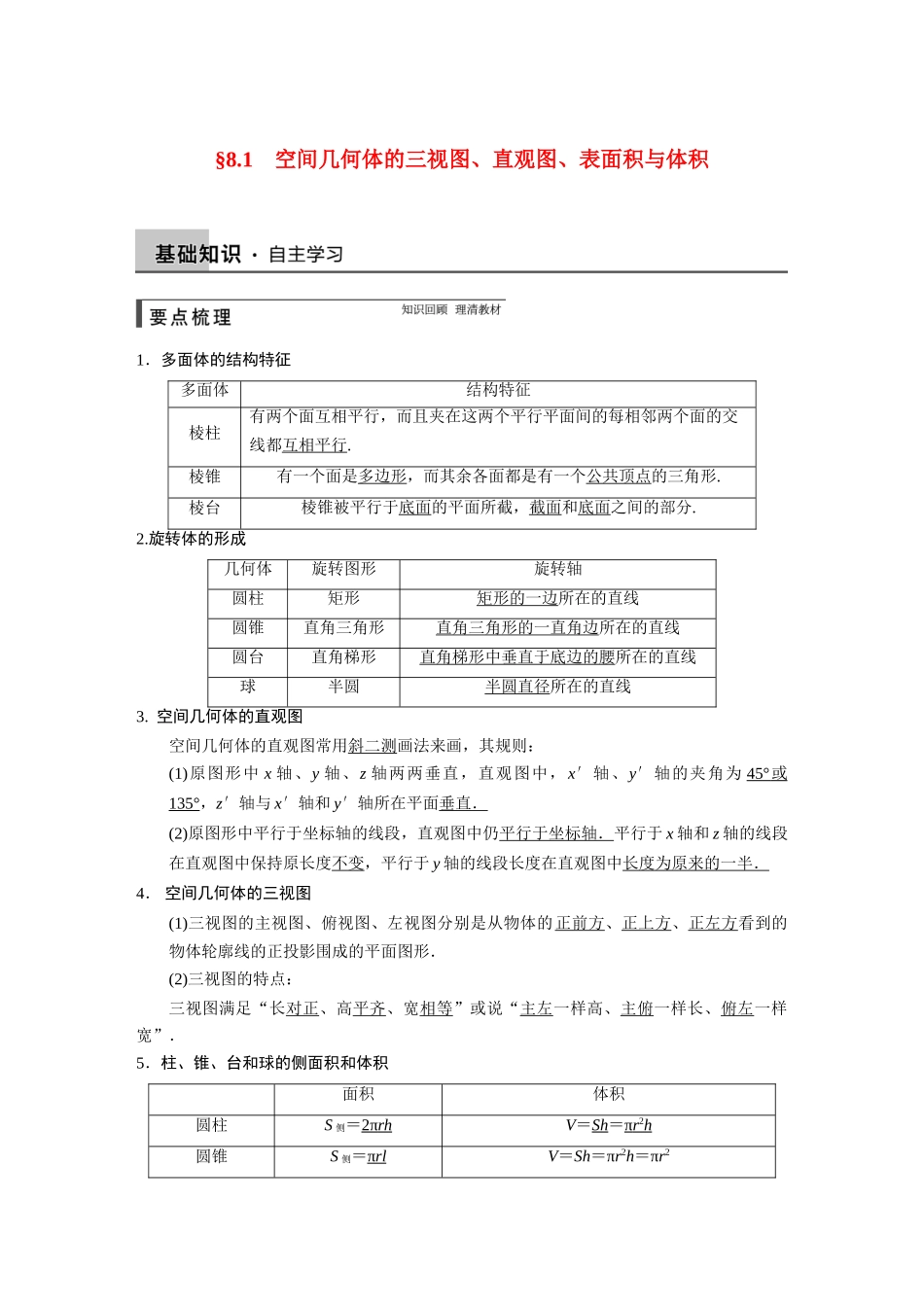 【步步高】2015届高考数学总复习 8.1空间几何体的三视图、直观图、表面积与体积配套文档 理 新人教B版 _第1页