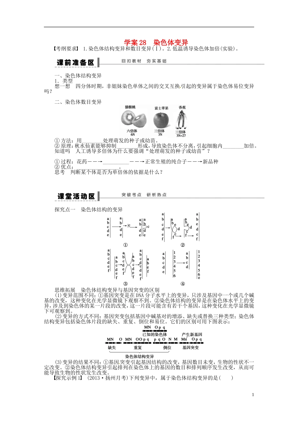 【步步高】2014届高考生物一轮复习(课前准备+课堂巩固+课后练习)第七单元 染色体变异学案 鲁科版_第1页