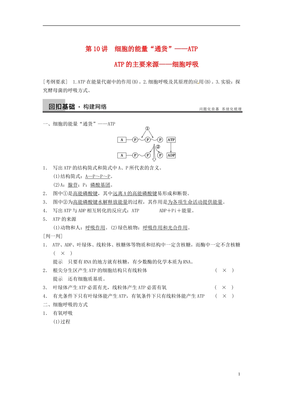 【步步高】（江苏专用）2014高考生物一轮复习（考点复习精练+热点聚焦+考能专项突破）第三单元 第10讲细胞的能量“通货”ATP ATP的主要来源 细胞呼吸学案_第1页