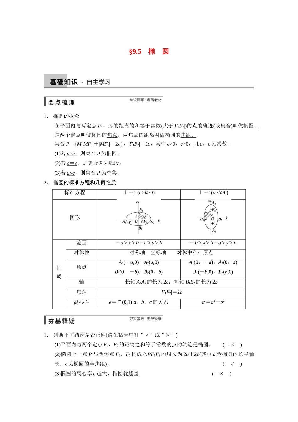 【步步高】2015届高考数学总复习 9.5椭圆配套文档 理 新人教B版 _第1页